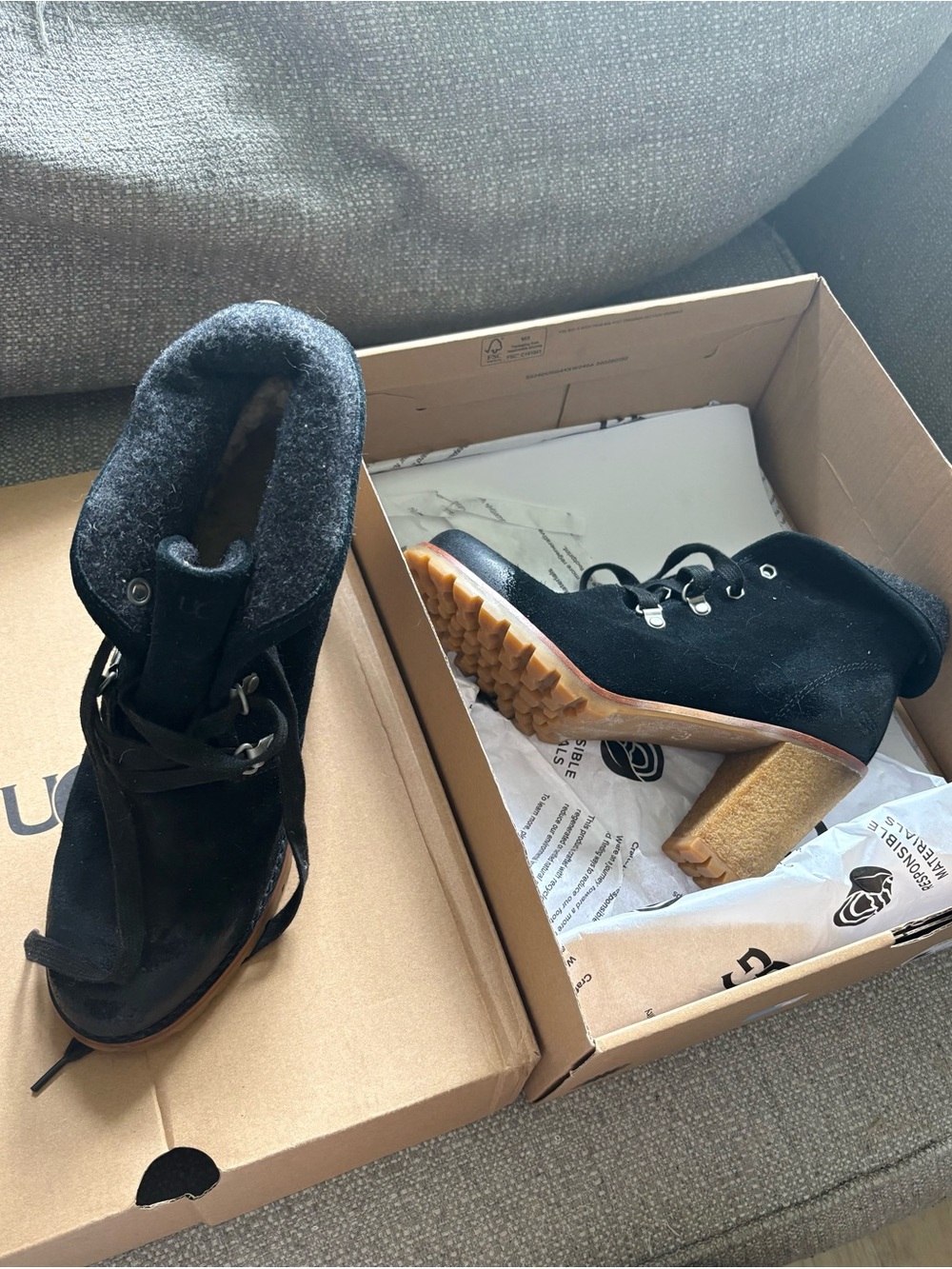 UGG Black Suede Lace-Up Block Heel Boots